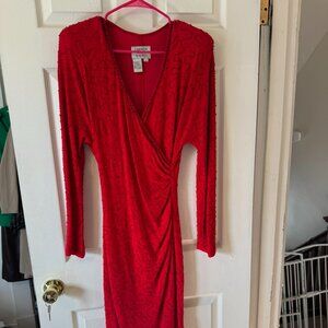 Carmen Marc Valvo Red Beaded v-neck faux wrap side ruching midi dress.  Size M.
